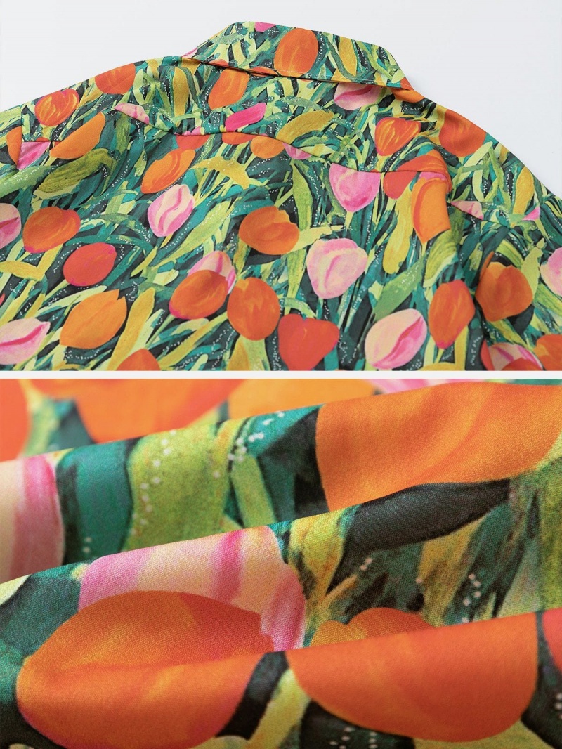 Vert  Chemise à Manches Courtes Aelfric Eden All-over Tulip Print - BIX-6061988